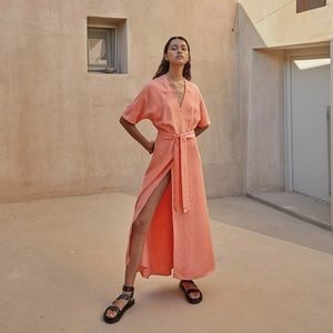 Women's Coral Maxi Wrap Dress with Tie Waist